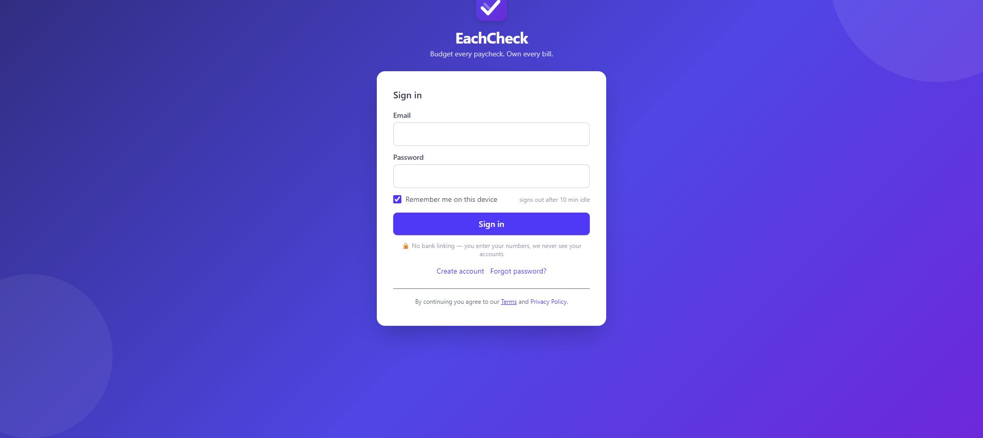 Public EachCheck sign-in page with its budgeting tagline