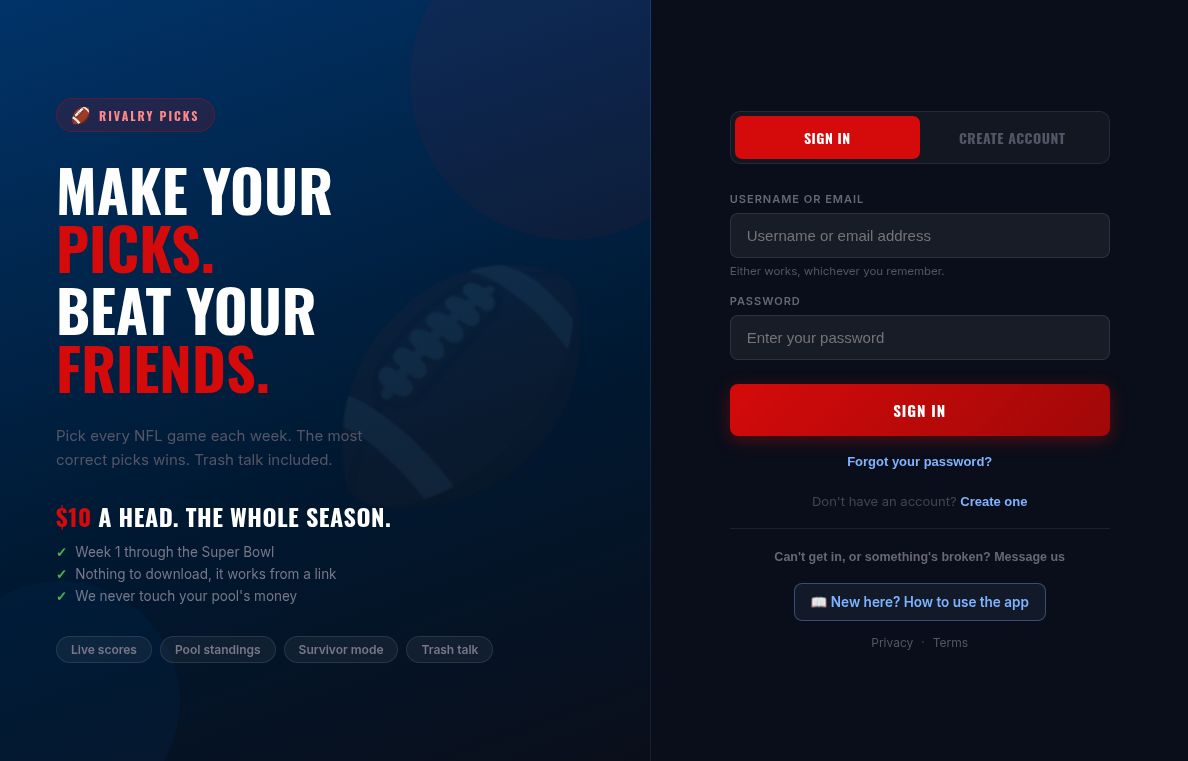 Actual public Rivalry Picks login screen with empty username and password fields