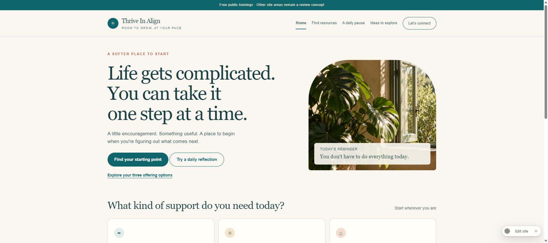 Public Thrive In Align concept homepage with a supportive introduction